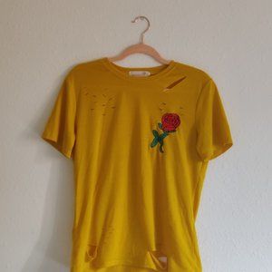 Short Sleeved Yellow Shirt with Distressing and Rose Decal from MOKINGTOP